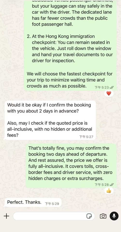 WhatsApp conversation confirming that the quoted cross-border transfer fare is all-inclusive