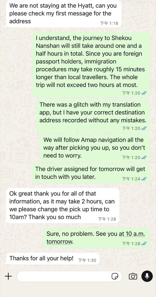 WhatsApp conversation with an international traveller confirming a revised pickup time